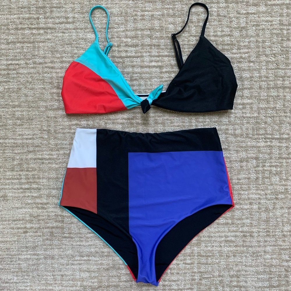 MARA HOFFMAN (SZ M) HIGH WAISTED COLOR BLOCK SWIMSUIT